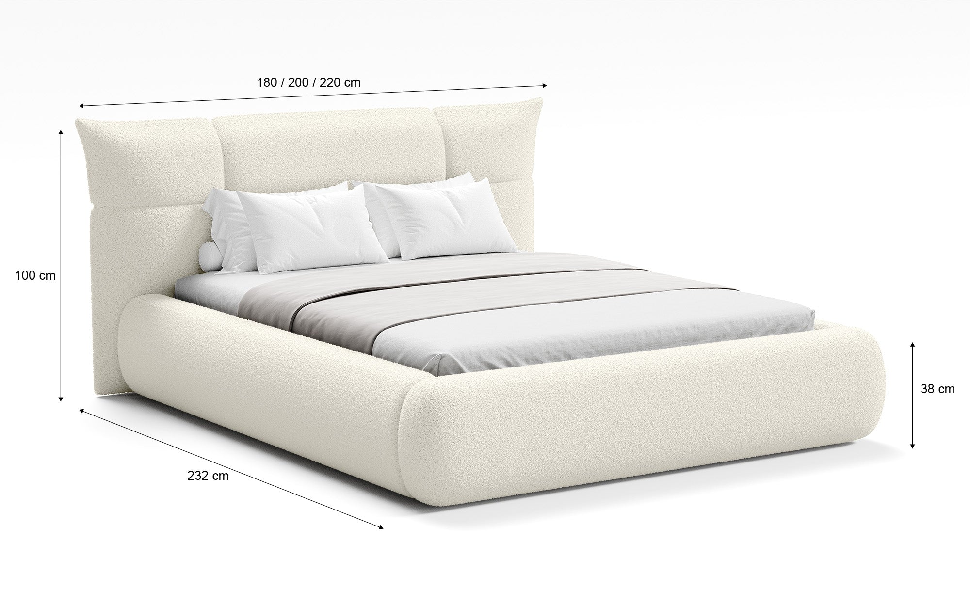 Designer gestoffeerd bed Gioia in Teddystof Bouclé met opbergruimte