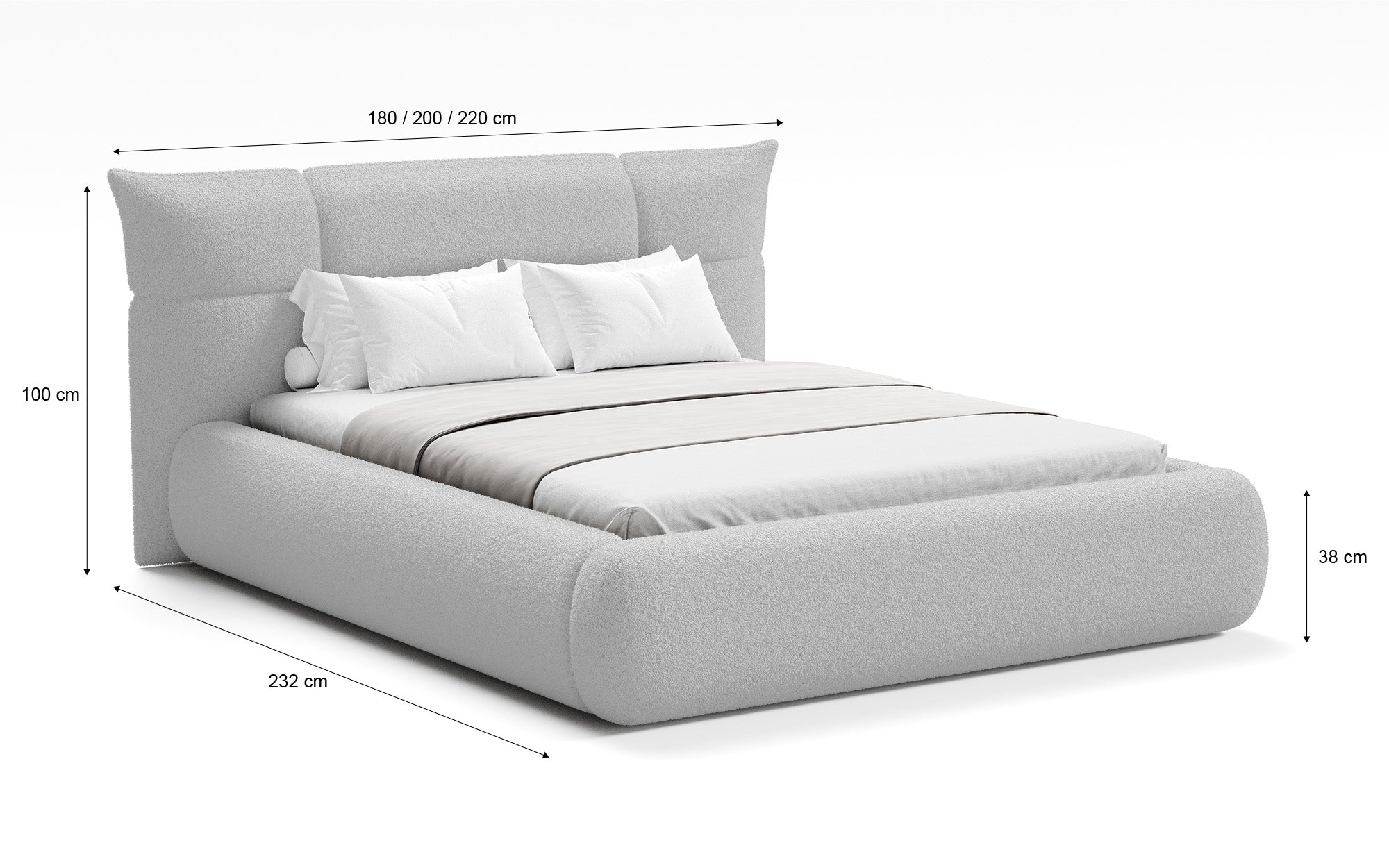 Designer gestoffeerd bed Gioia in Teddystof Bouclé met opbergruimte