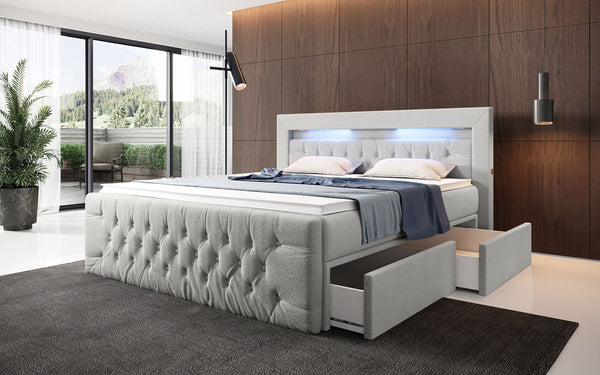 Boxspringbett Menzogna Bouclé met LED en opbergruimte (2 laden)