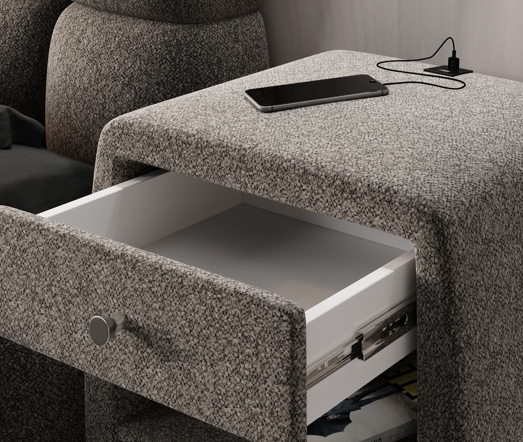 Design-nachtkastje Lilly met USB-aansluiting in structuurstof
