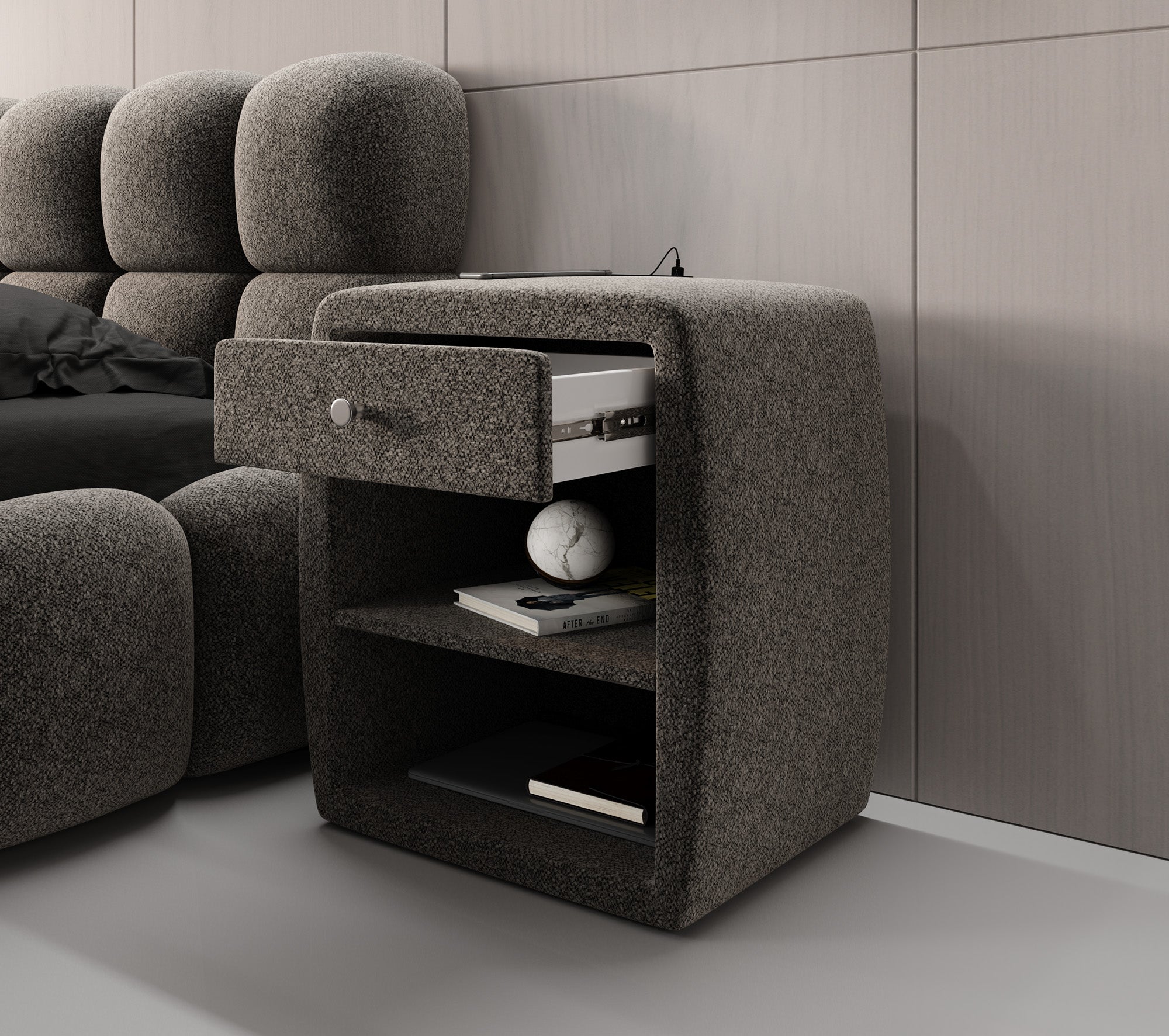 Design-nachtkastje Lilly met USB-aansluiting in structuurstof