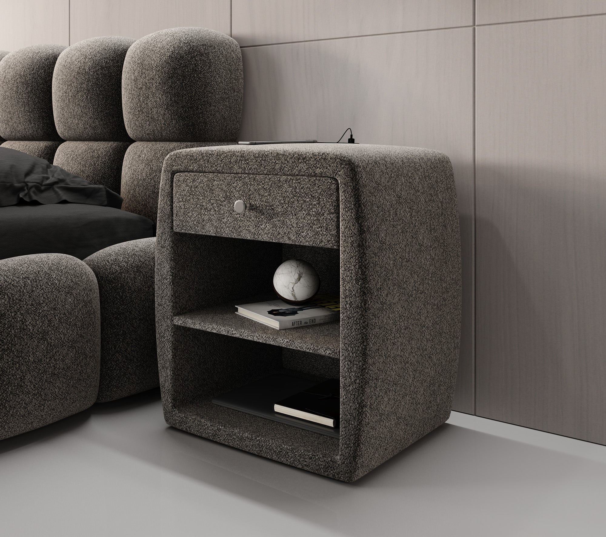 Design-nachtkastje Lilly met USB-aansluiting in structuurstof
