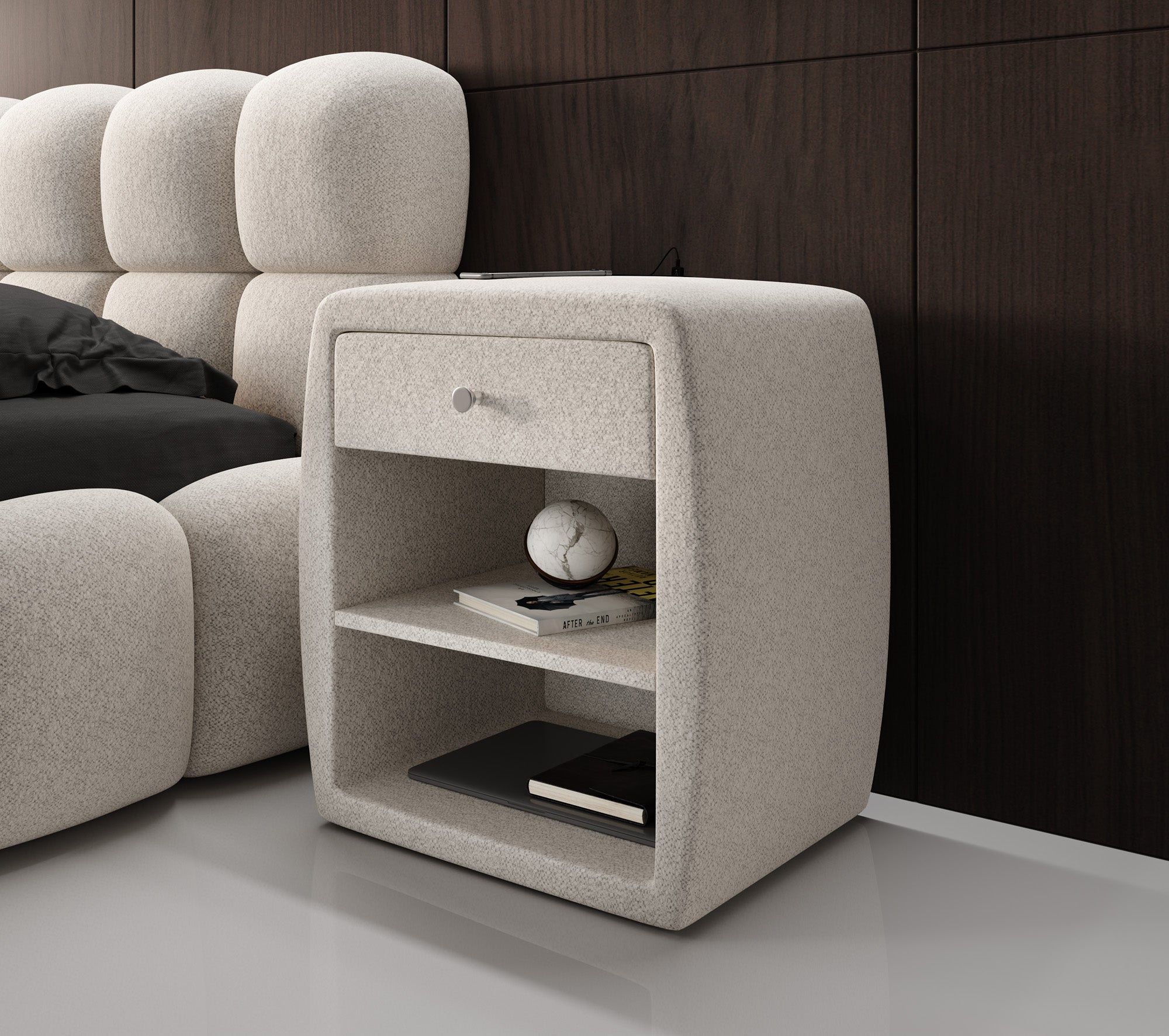 Design-nachtkastje Lilly met USB-aansluiting in structuurstof