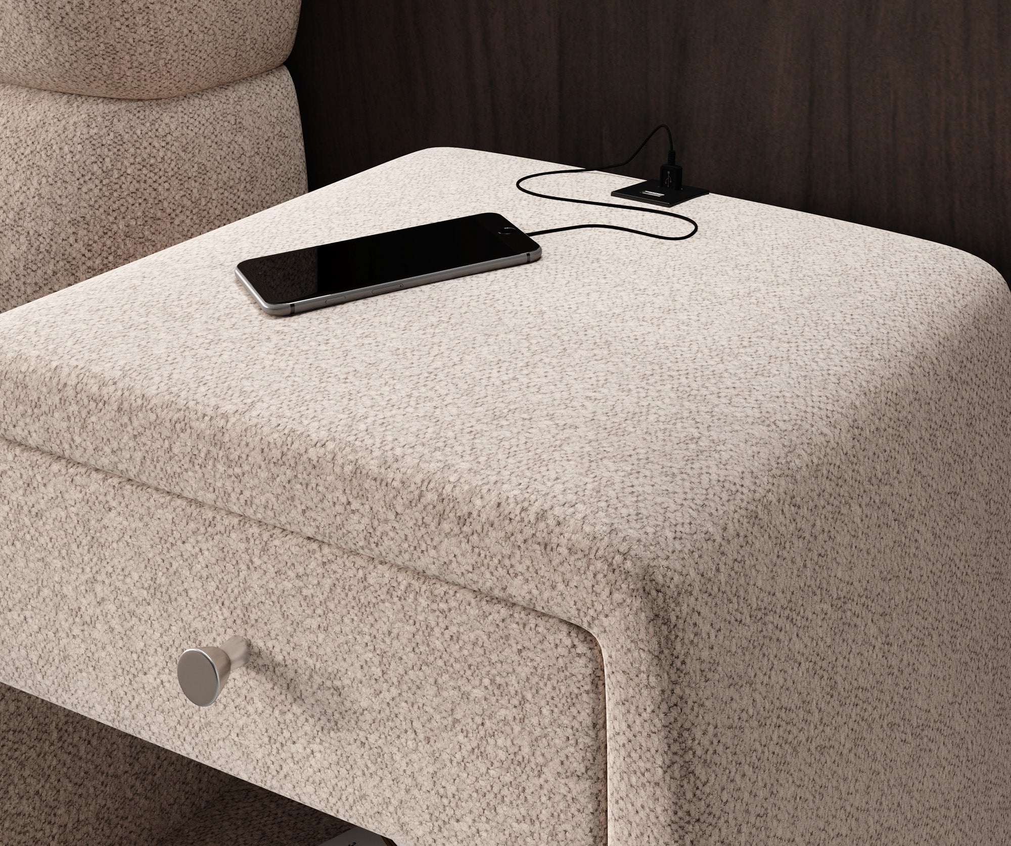 Design-nachtkastje Lilly met USB-aansluiting in structuurstof