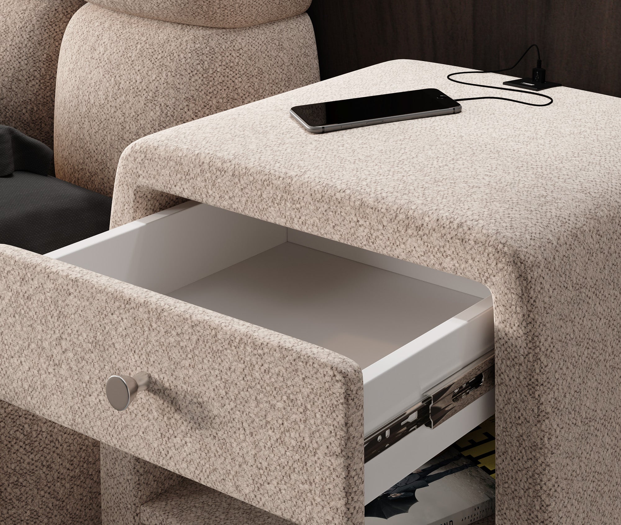 Design-nachtkastje Lilly met USB-aansluiting in structuurstof