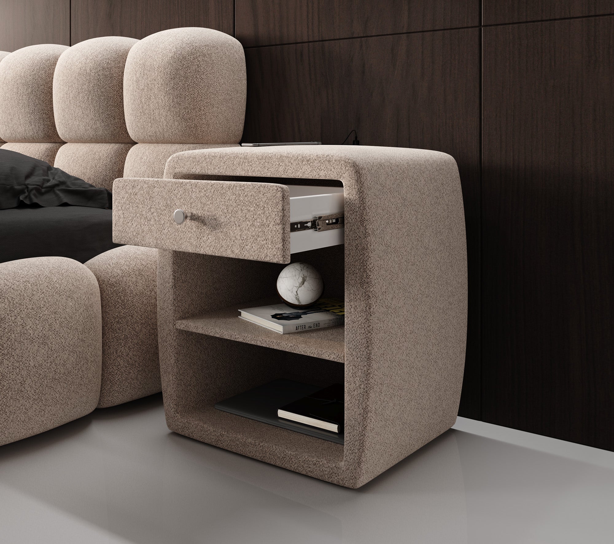 Design-nachtkastje Lilly met USB-aansluiting in structuurstof