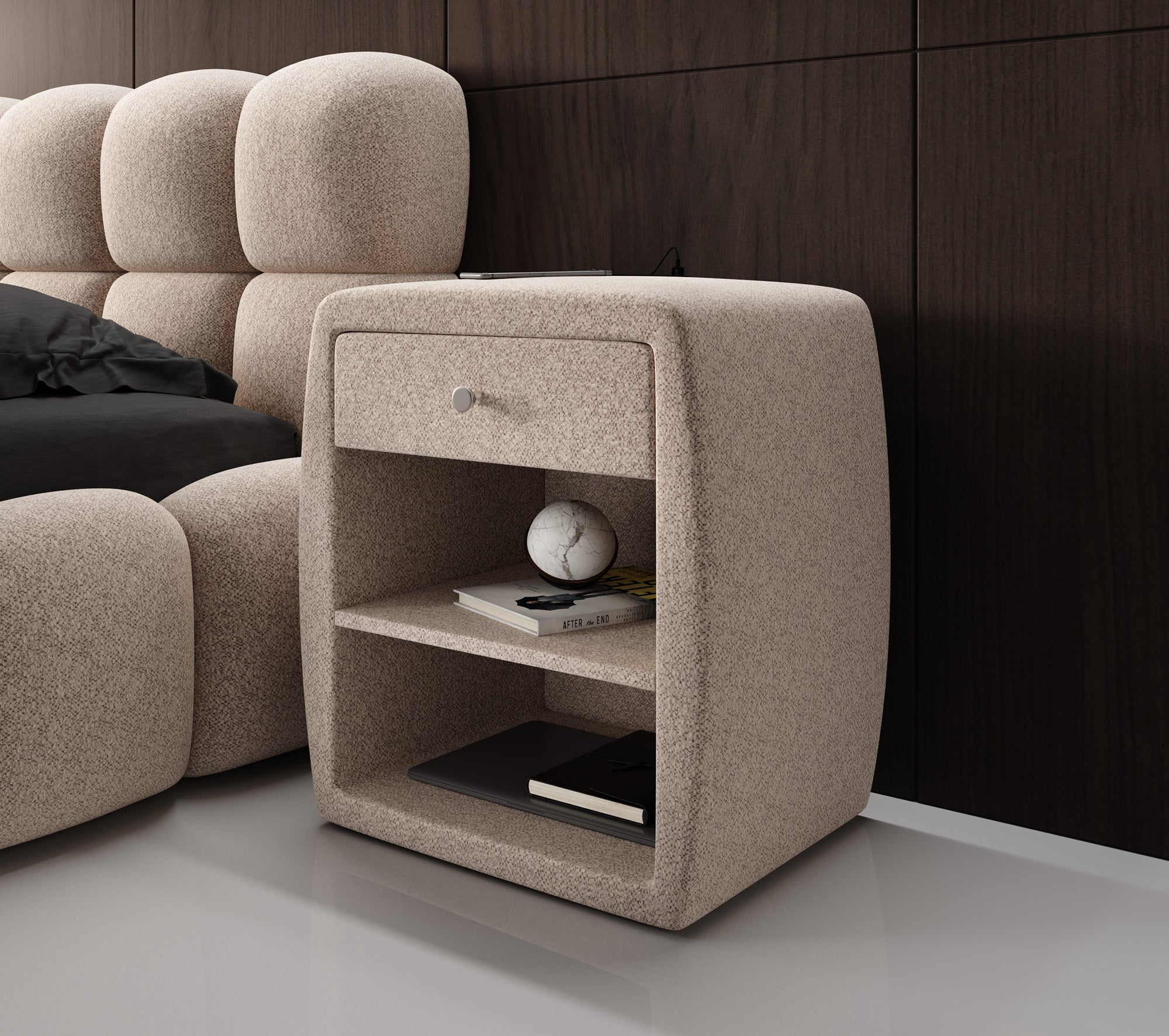Design-nachtkastje Lilly met USB-aansluiting in structuurstof