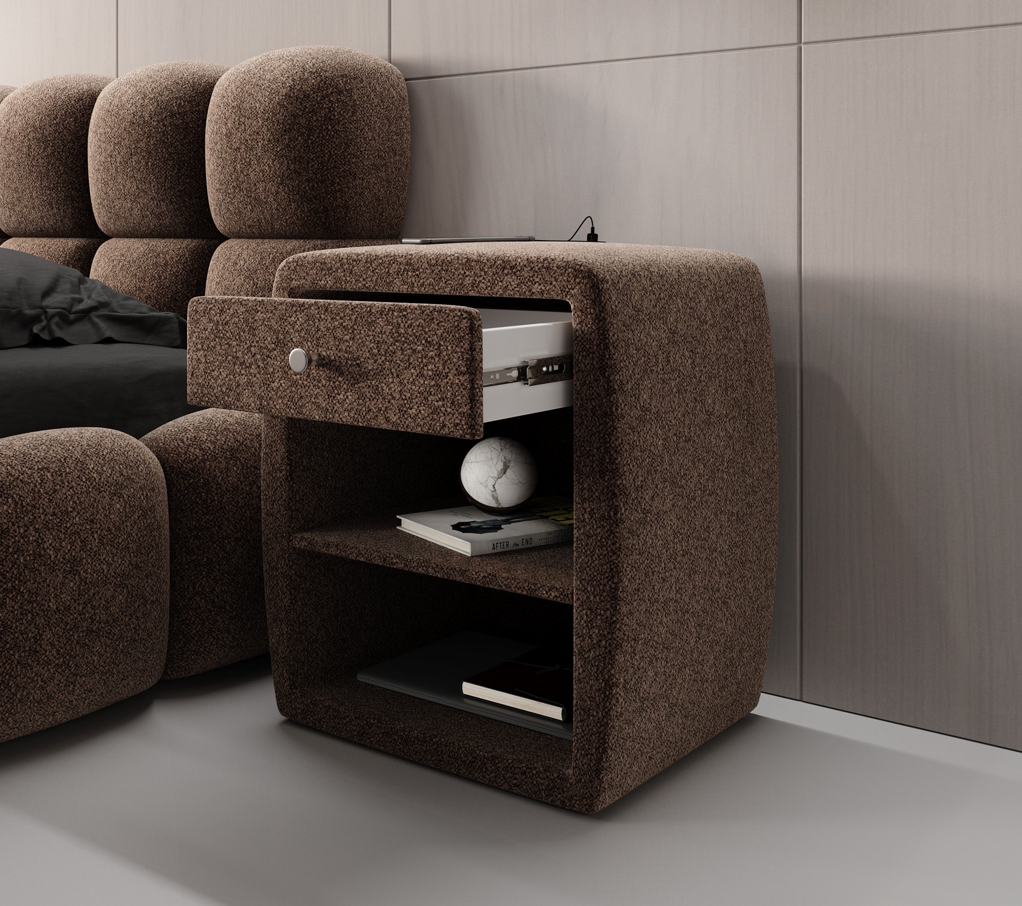 Design-nachtkastje Lilly met USB-aansluiting in structuurstof