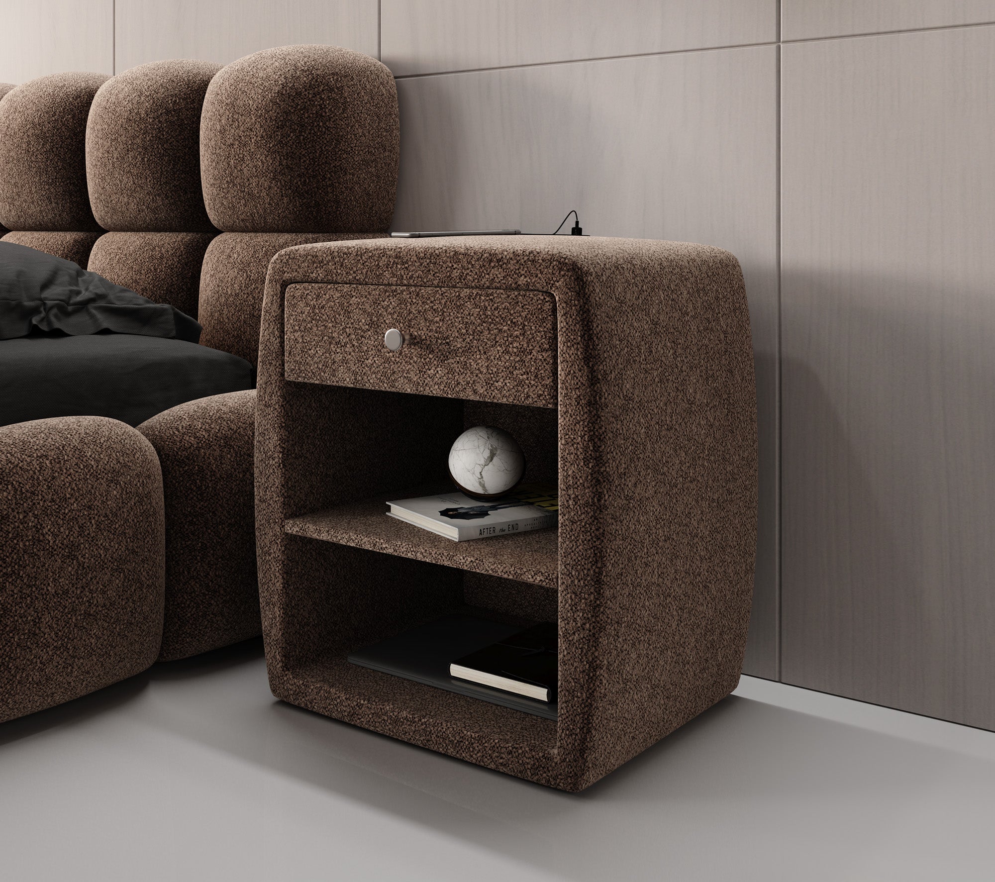 Design-nachtkastje Lilly met USB-aansluiting in structuurstof