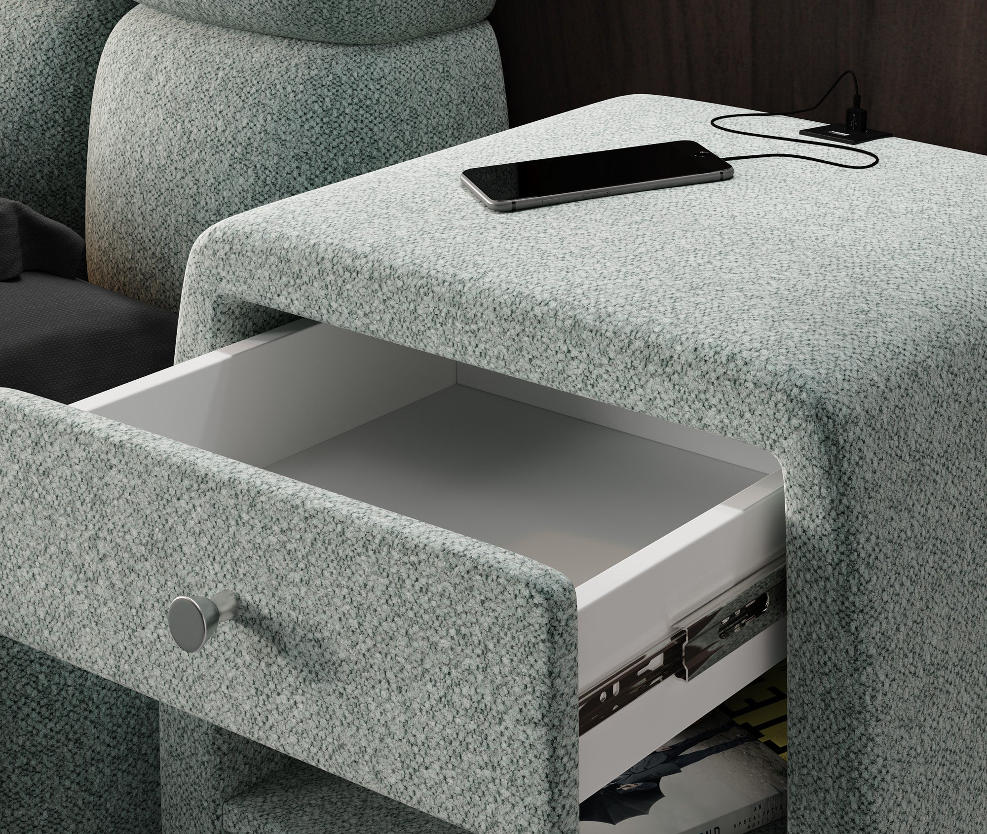 Design-nachtkastje Lilly met USB-aansluiting in structuurstof