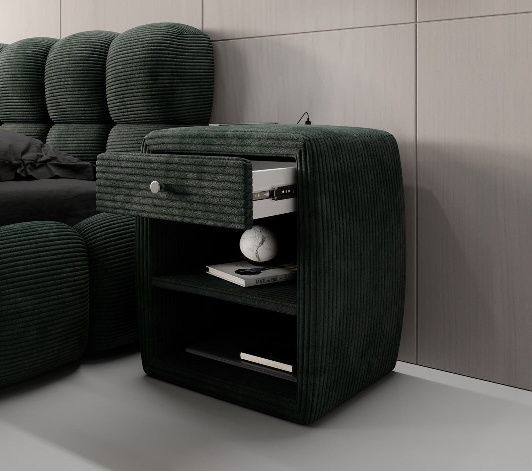Designer nachtkastje Lilly met USB-aansluiting in Ribstof