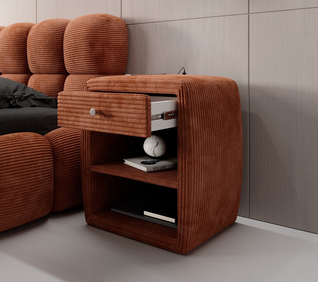 Designer nachtkastje Lilly met USB-aansluiting in Ribstof