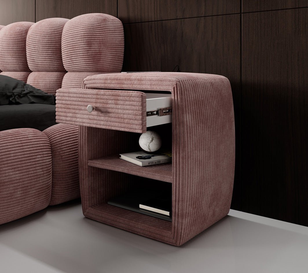 Designer nachtkastje Lilly met USB-aansluiting in Ribstof