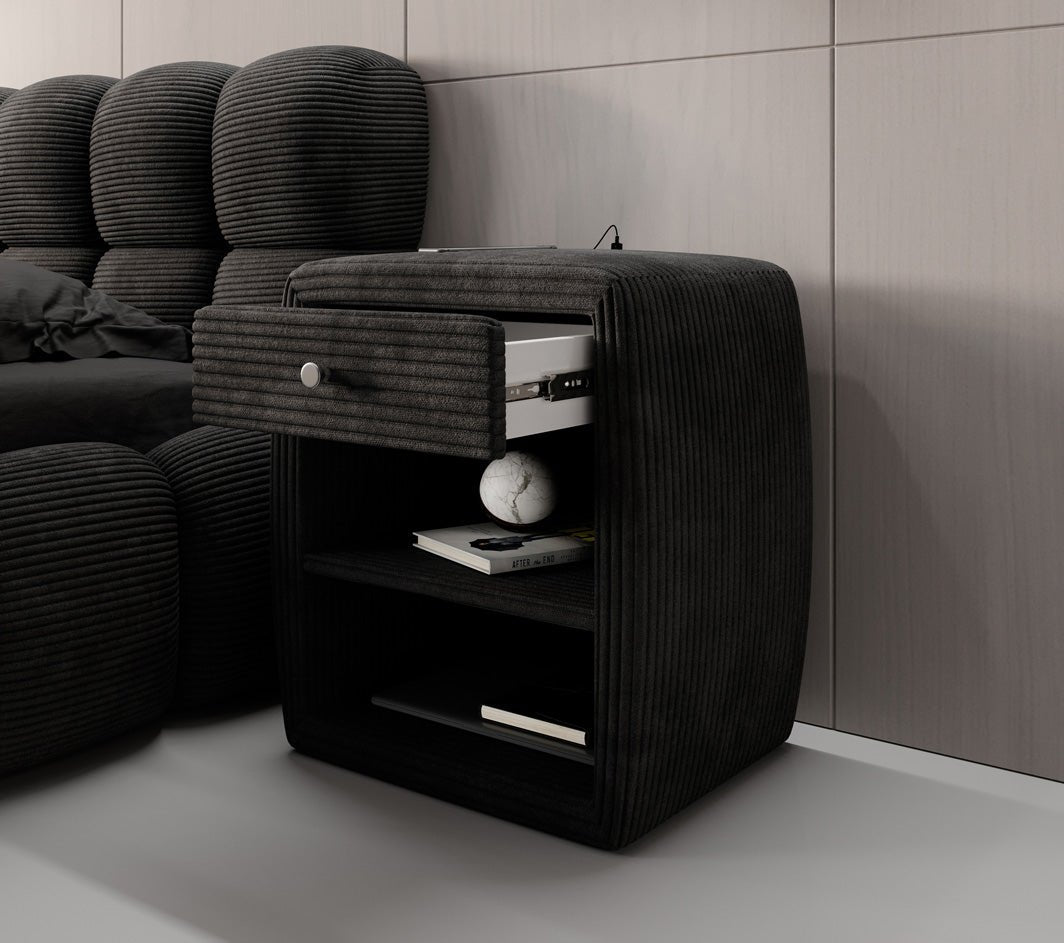 Designer nachtkastje Lilly met USB-aansluiting in Ribstof