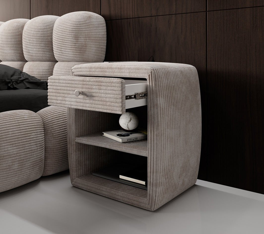 Designer nachtkastje Lilly met USB-aansluiting in Ribstof