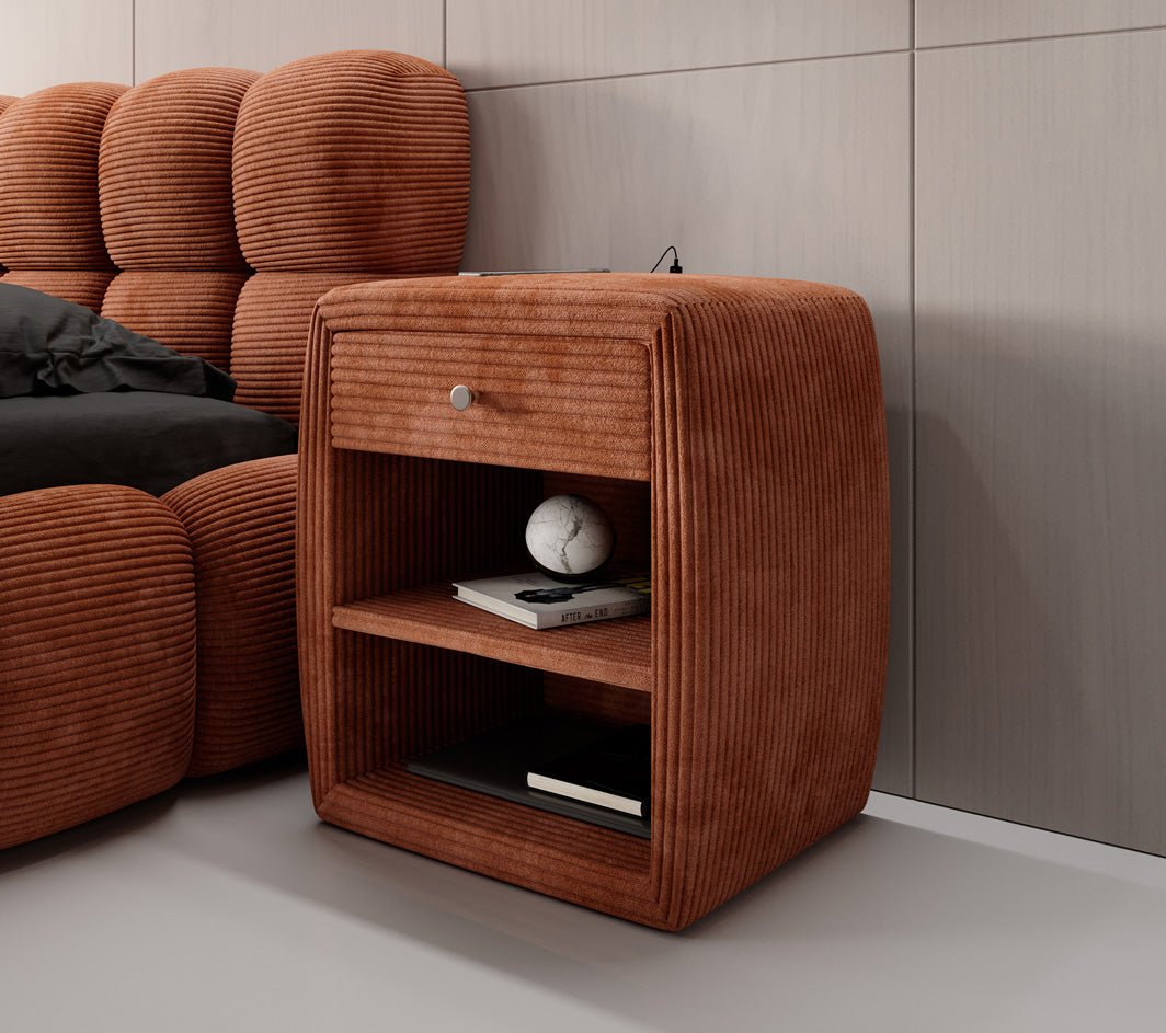 Designer nachtkastje Lilly met USB-aansluiting in Ribstof
