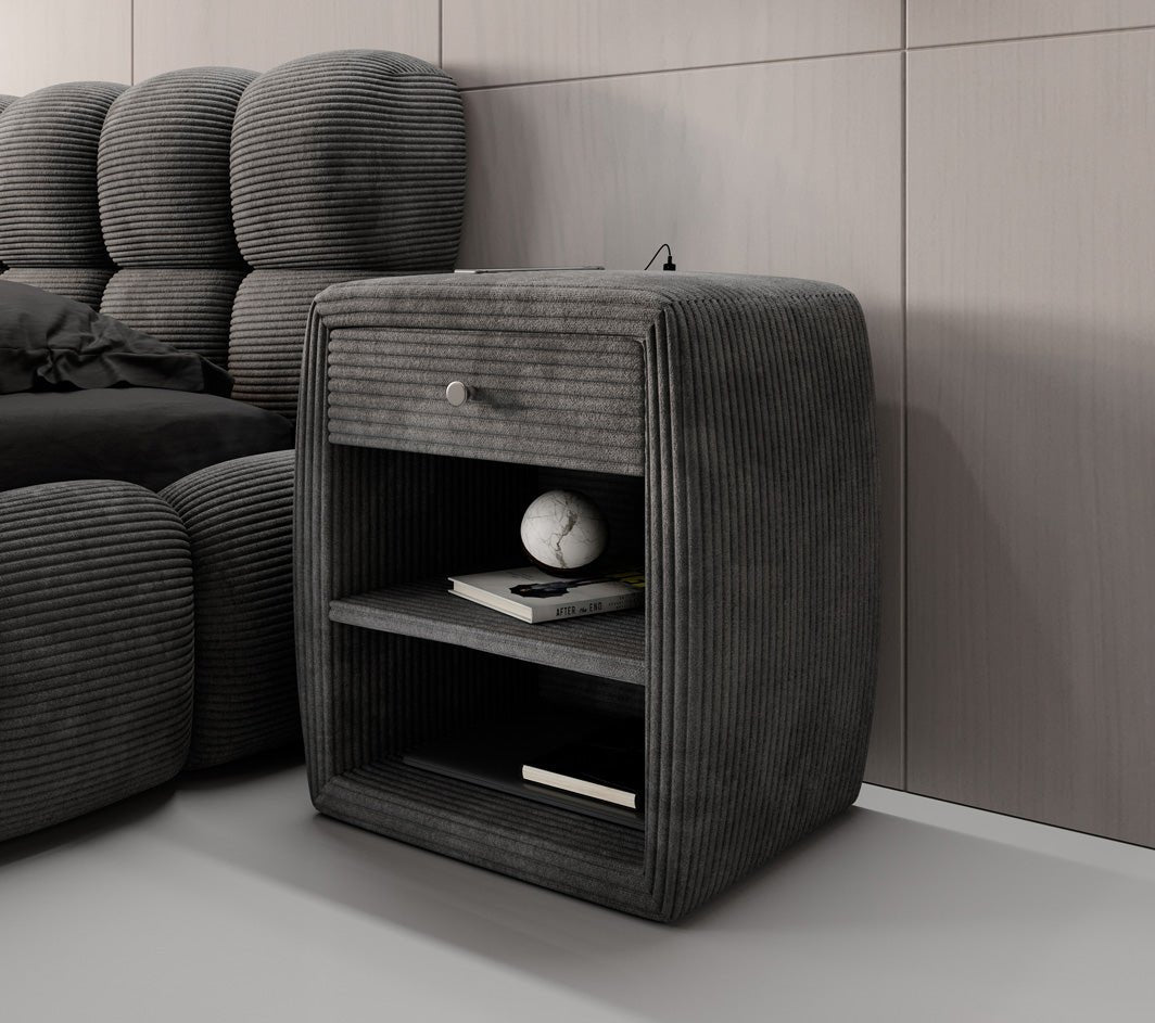 Designer nachtkastje Lilly met USB-aansluiting in Ribstof