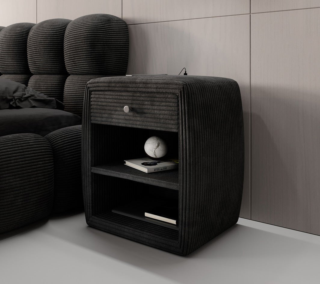 Designer nachtkastje Lilly met USB-aansluiting in Ribstof