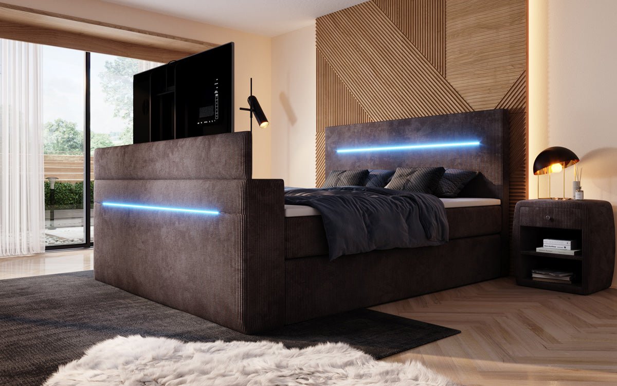Boxspringbed Sejour met TV-lift, RGB en opbergruimte in Ribstof