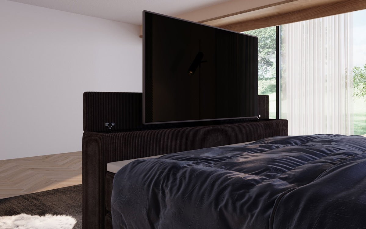 Boxspringbed Sejour met TV-lift, RGB en opbergruimte in Ribstof