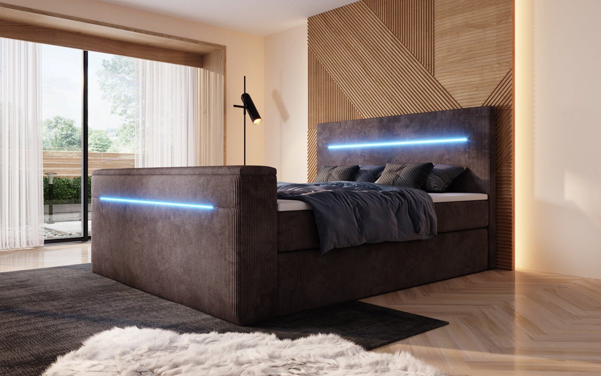 Boxspringbed Sejour met TV-lift, RGB en opbergruimte in Ribstof