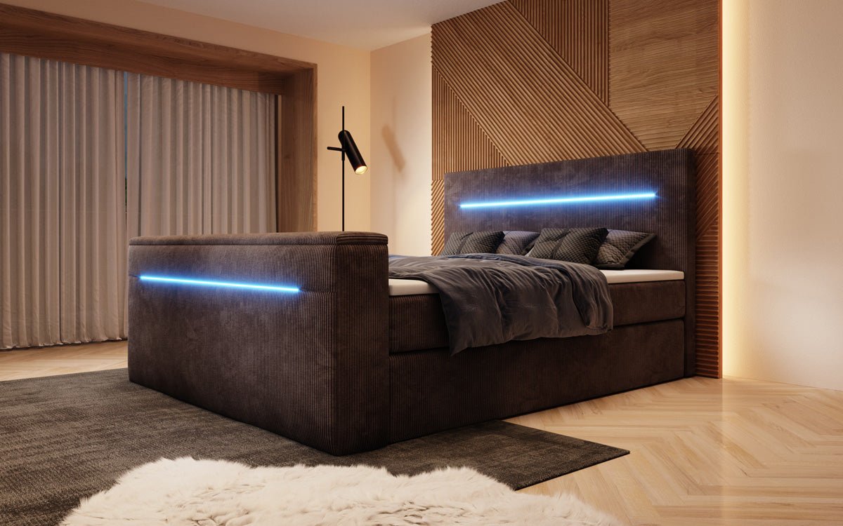 Boxspringbed Sejour met TV-lift, RGB en opbergruimte in Ribstof