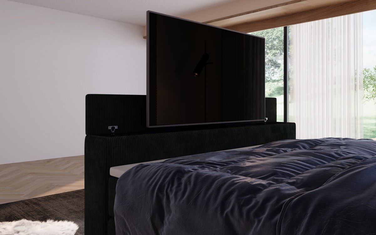 Boxspringbed Sejour met TV-lift, RGB en opbergruimte in Ribstof