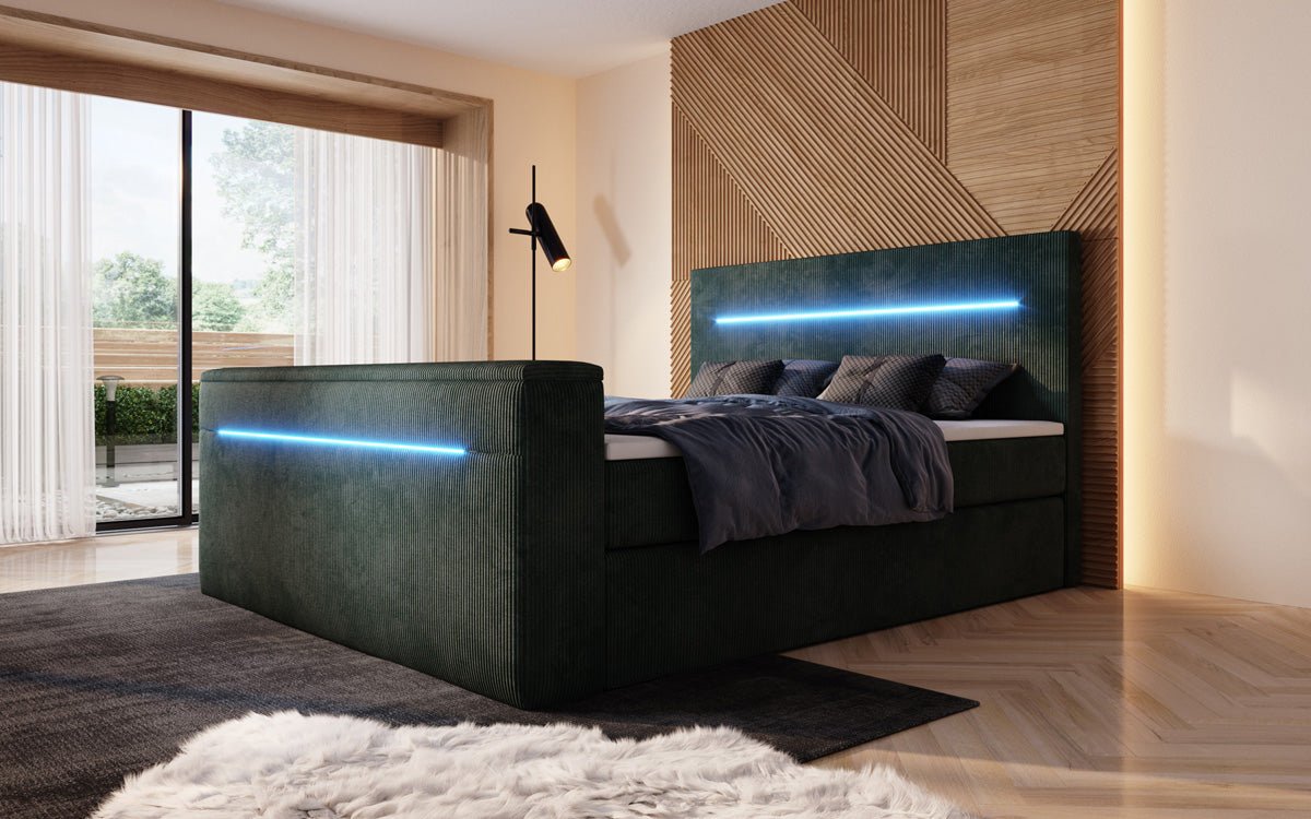 Boxspringbed Sejour met TV-lift, RGB en opbergruimte in Ribstof
