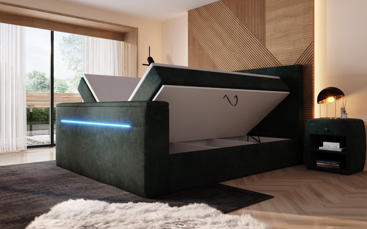 Boxspringbed Sejour met TV-lift, RGB en opbergruimte in Ribstof