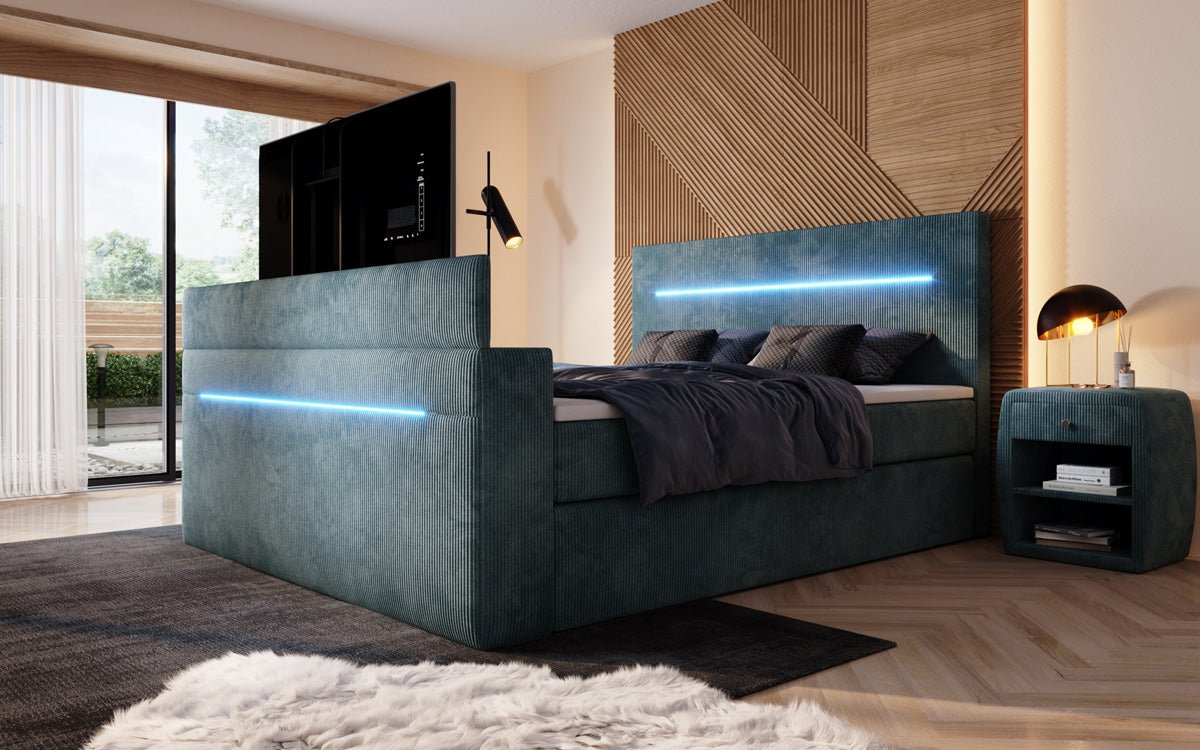 Boxspringbed Sejour met TV-lift, RGB en opbergruimte in Ribstof