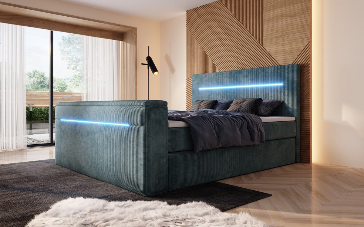 Sejour box spring bed with TV lift, RGB, and storage in corduroy