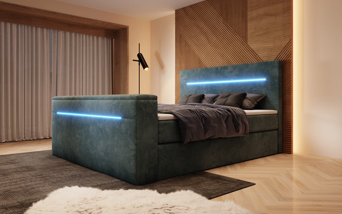 Boxspringbed Sejour met TV-lift, RGB en opbergruimte in Ribstof