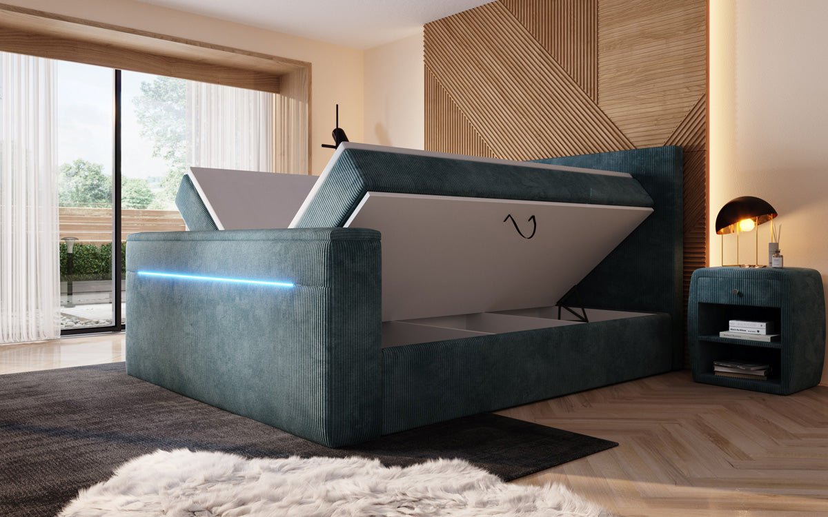 Boxspringbed Sejour met TV-lift, RGB en opbergruimte in Ribstof