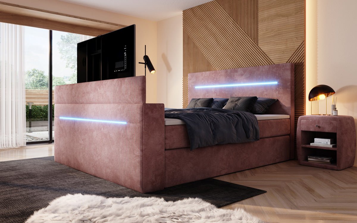 Boxspringbed Sejour met TV-lift, RGB en opbergruimte in Ribstof