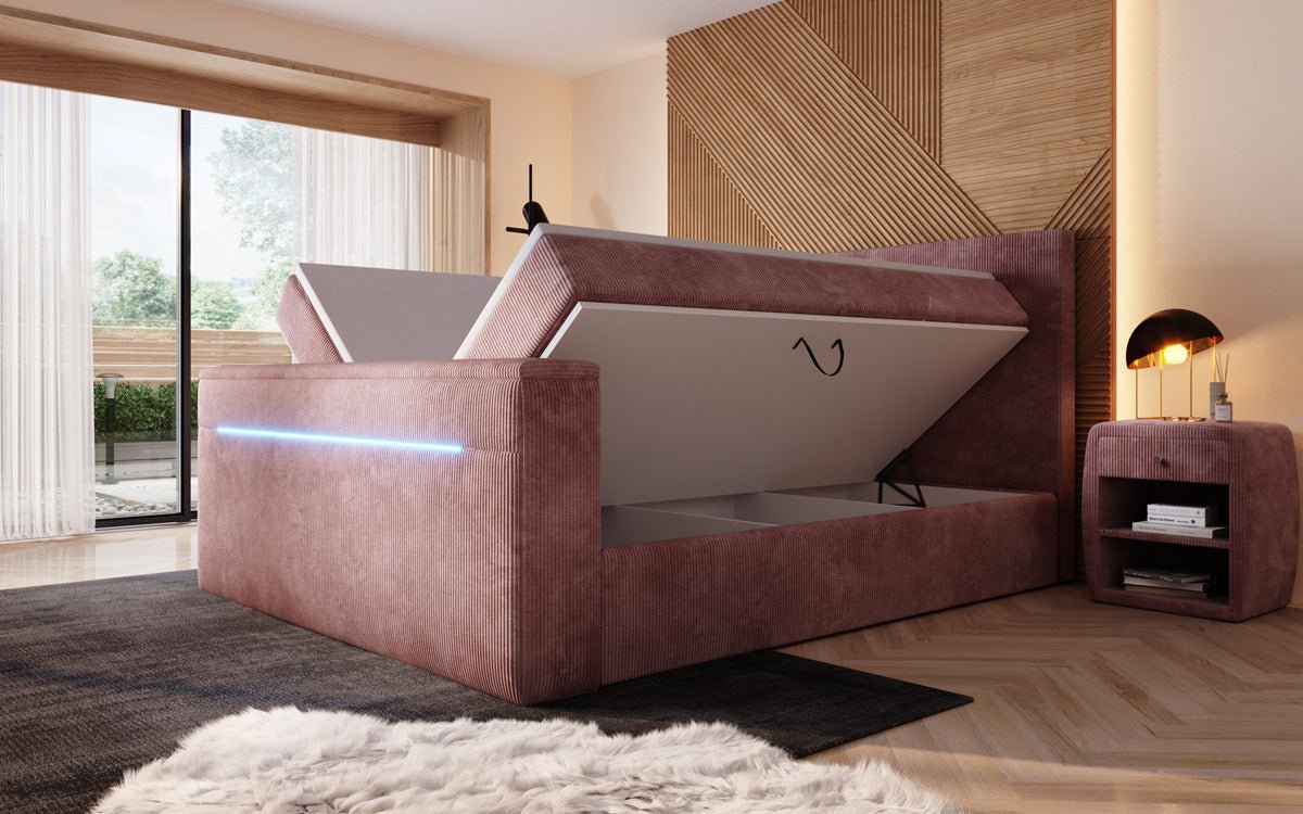 Boxspringbed Sejour met TV-lift, RGB en opbergruimte in Ribstof