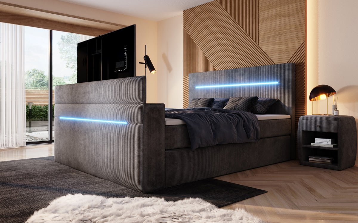 Boxspringbed Sejour met TV-lift, RGB en opbergruimte in Ribstof