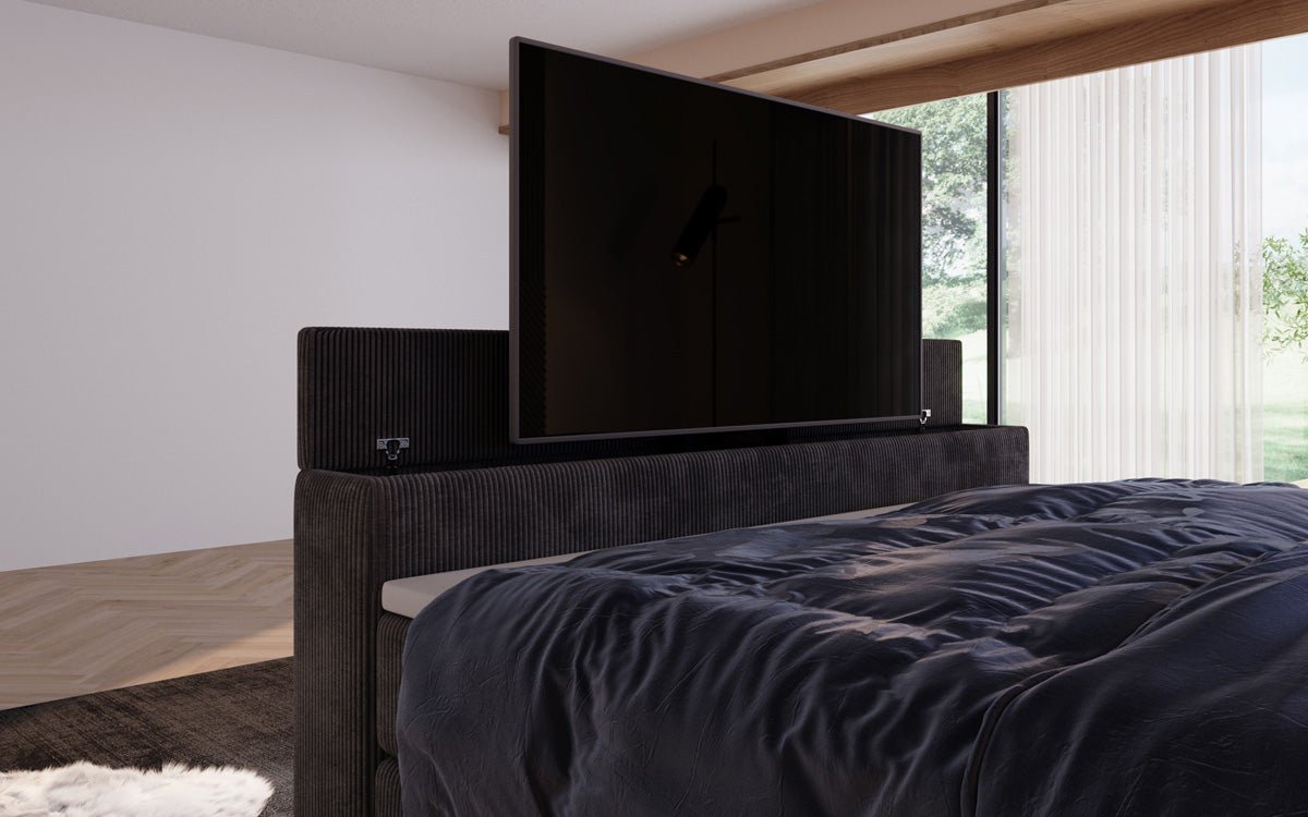 Boxspringbed Sejour met TV-lift, RGB en opbergruimte in Ribstof
