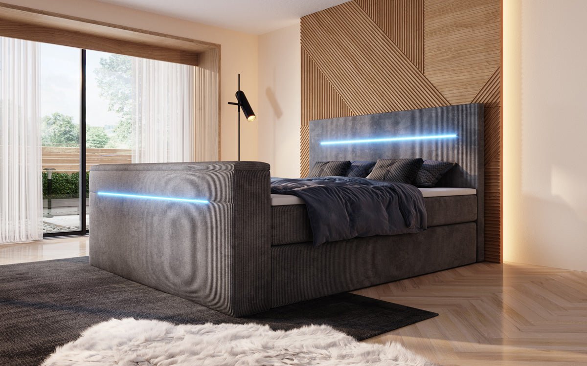 Boxspringbed Sejour met TV-lift, RGB en opbergruimte in Ribstof