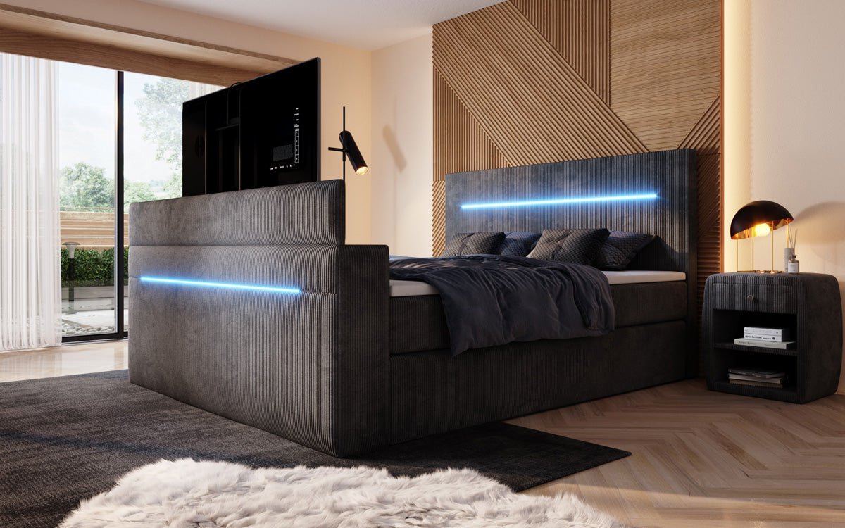 Boxspringbed Sejour met TV-lift, RGB en opbergruimte in Ribstof