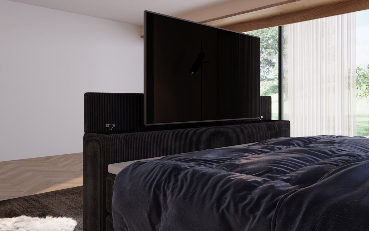 Boxspringbed Sejour met TV-lift, RGB en opbergruimte in Ribstof