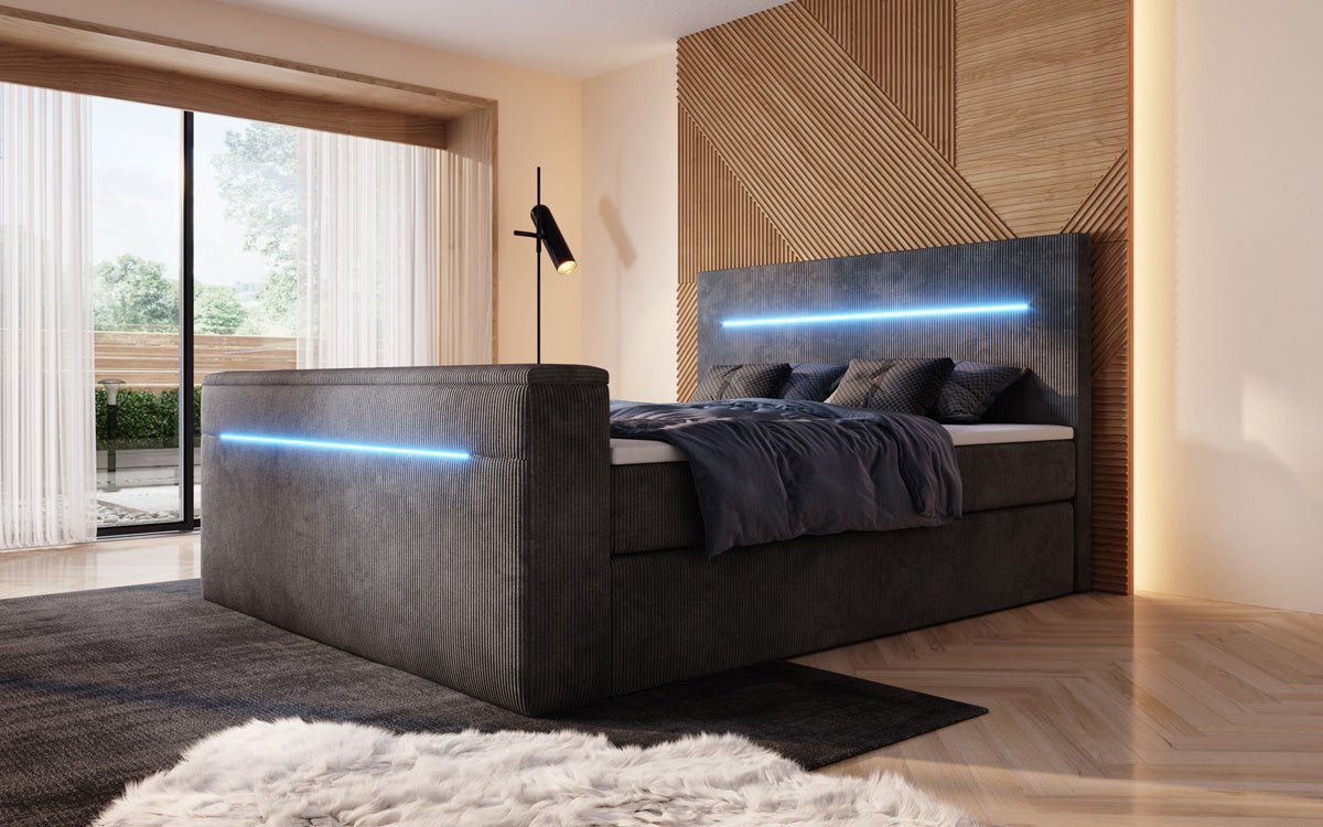 Boxspringbed Sejour met TV-lift, RGB en opbergruimte in Ribstof