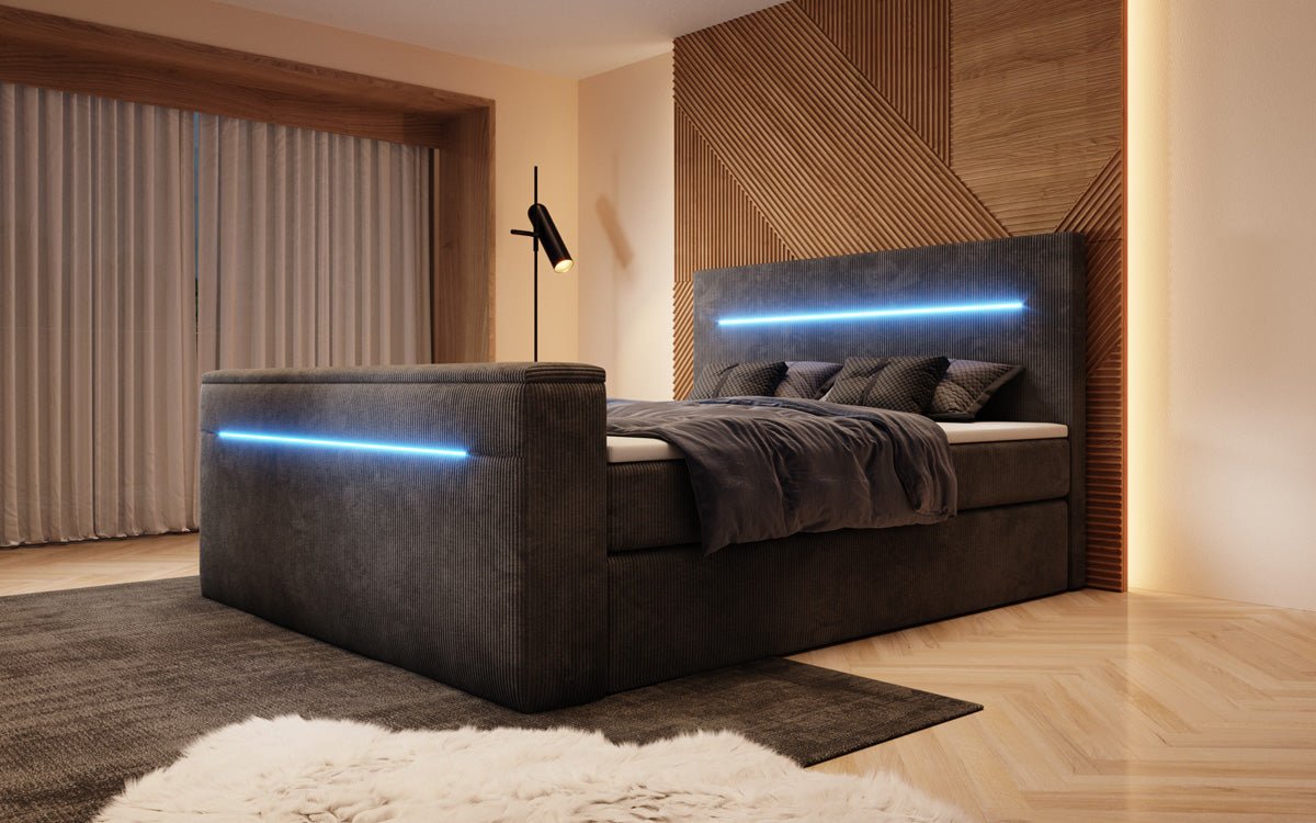 Boxspringbed Sejour met TV-lift, RGB en opbergruimte in Ribstof