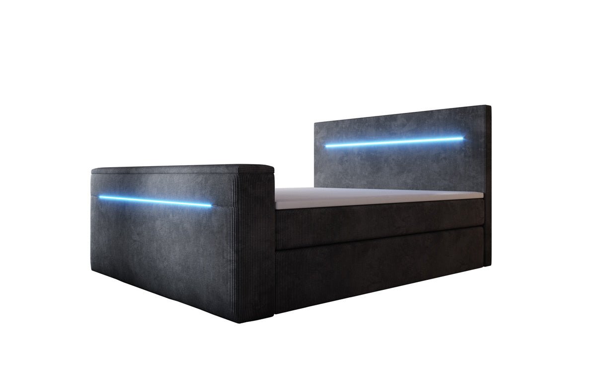 Boxspringbed Sejour met TV-lift, RGB en opbergruimte in Ribstof