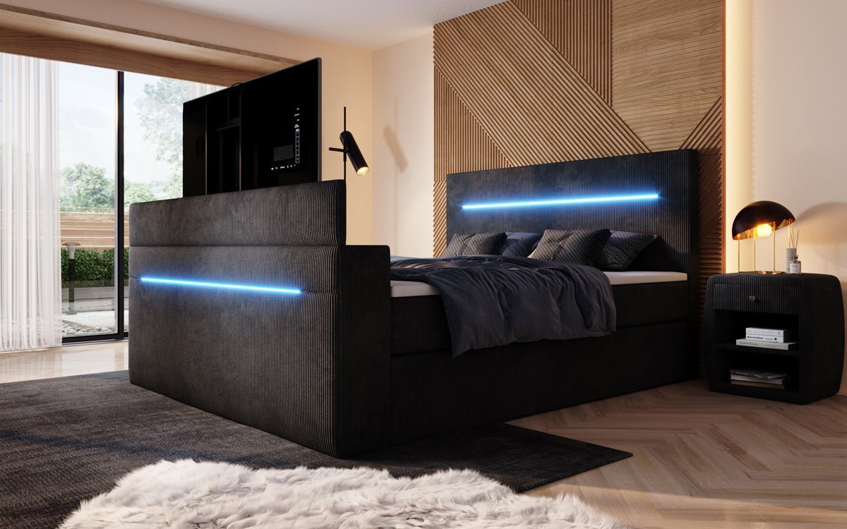 Boxspringbed Sejour met TV-lift, RGB en opbergruimte in Ribstof