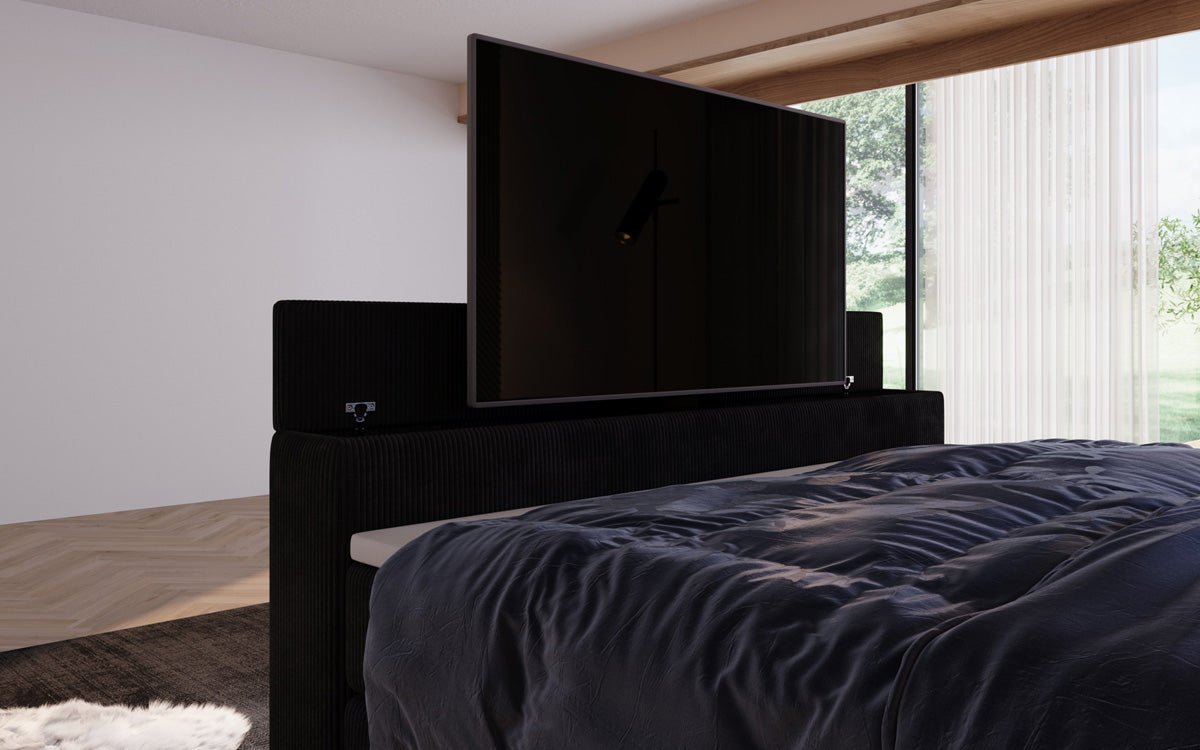 Boxspringbed Sejour met TV-lift, RGB en opbergruimte in Ribstof