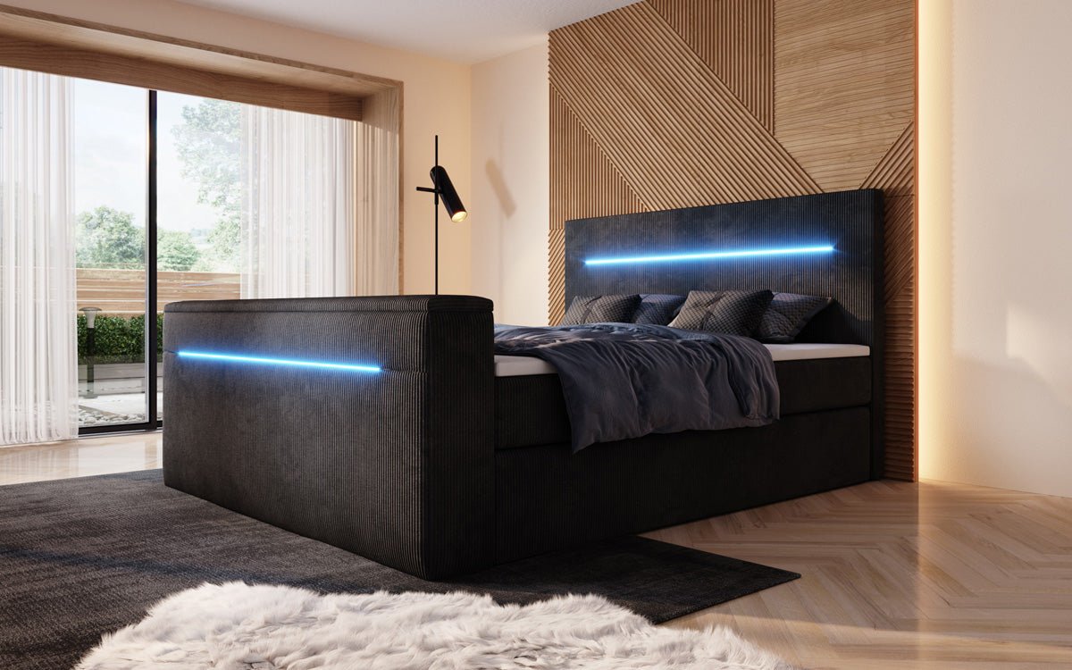 Boxspringbed Sejour met TV-lift, RGB en opbergruimte in Ribstof