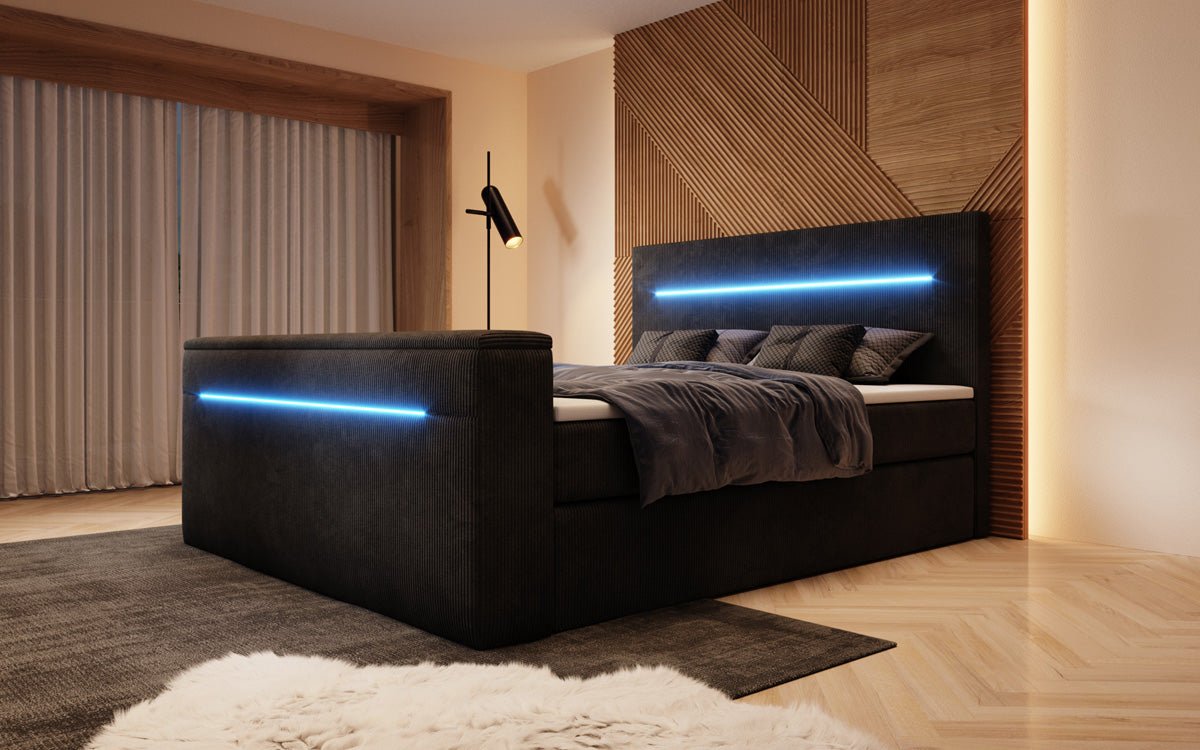 Boxspringbed Sejour met TV-lift, RGB en opbergruimte in Ribstof