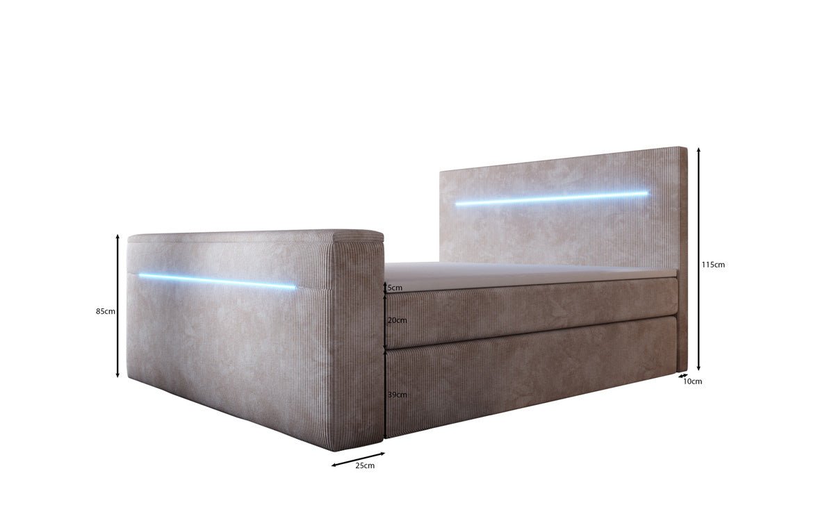 Boxspringbed Sejour met TV-lift, RGB en opbergruimte in Ribstof