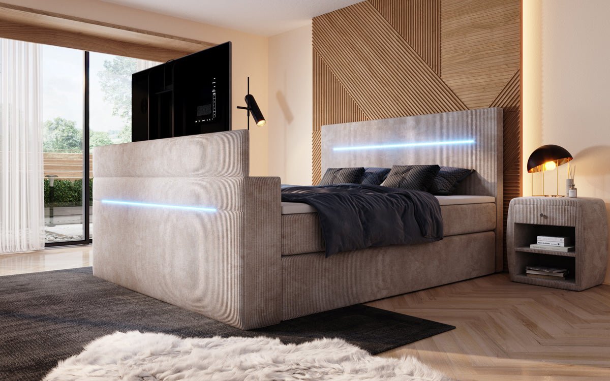 Boxspringbed Sejour met TV-lift, RGB en opbergruimte in Ribstof