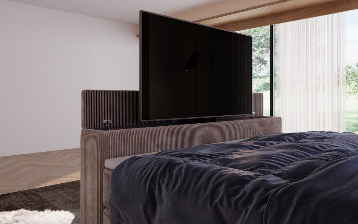 Boxspringbed Sejour met TV-lift, RGB en opbergruimte in Ribstof
